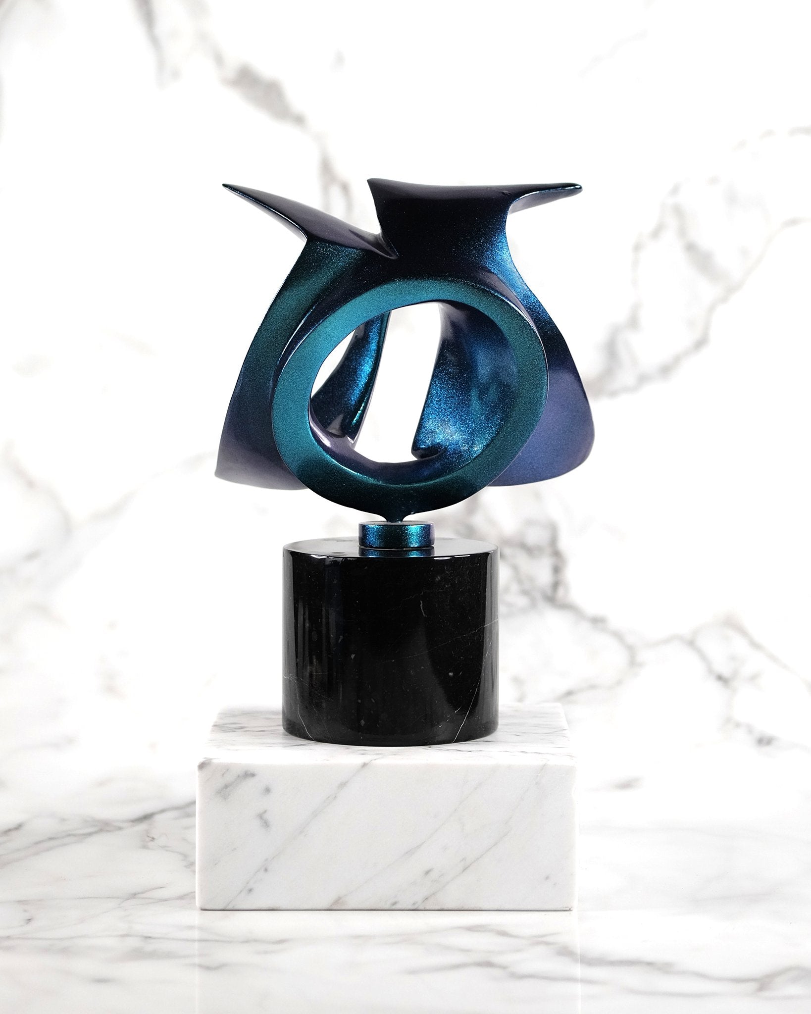 Blue-to-Green Holographic Lacquered Aluminum Sculpture on Marble Base (1)