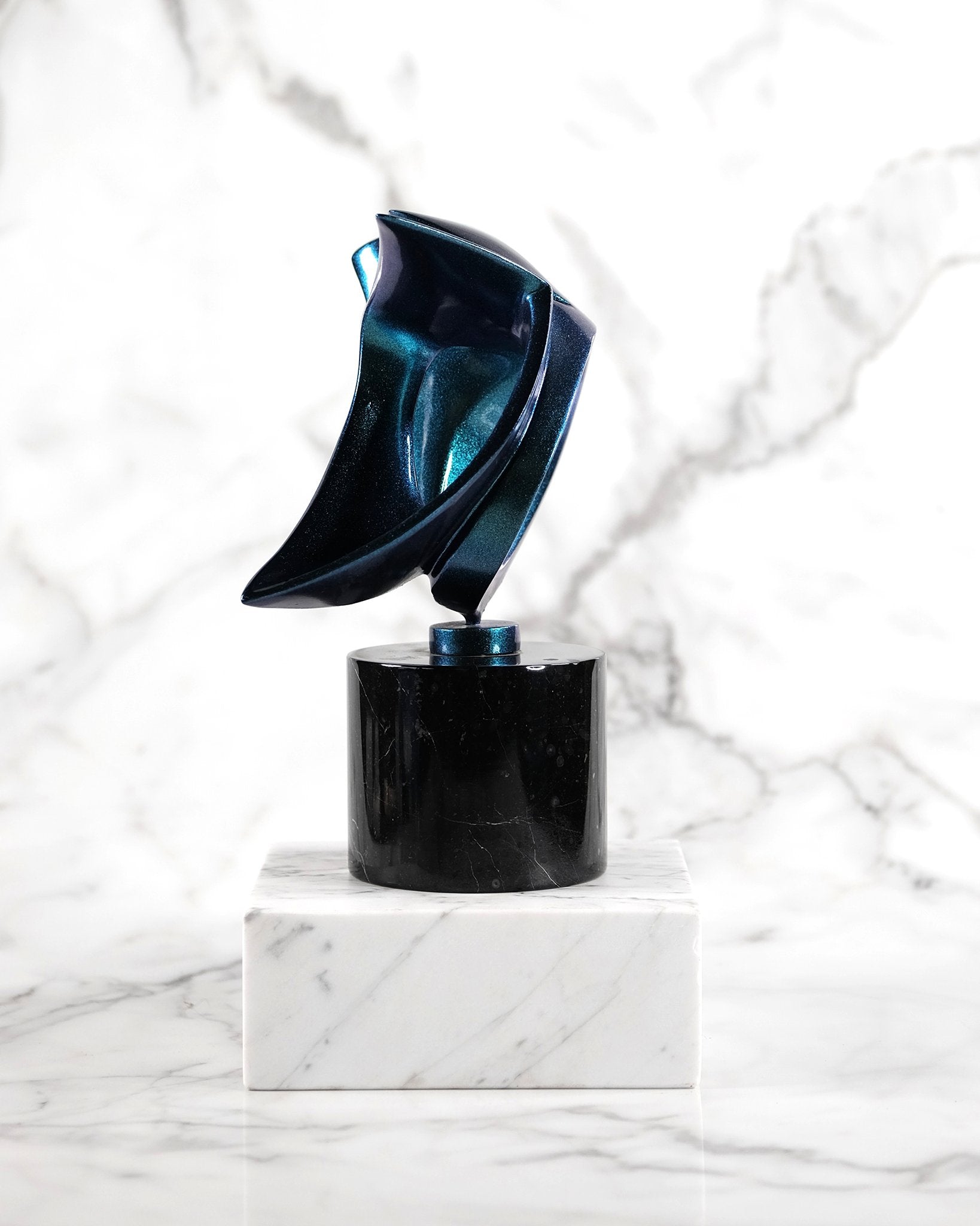 Blue-to-Green Holographic Lacquered Aluminum Sculpture on Marble Base (1)