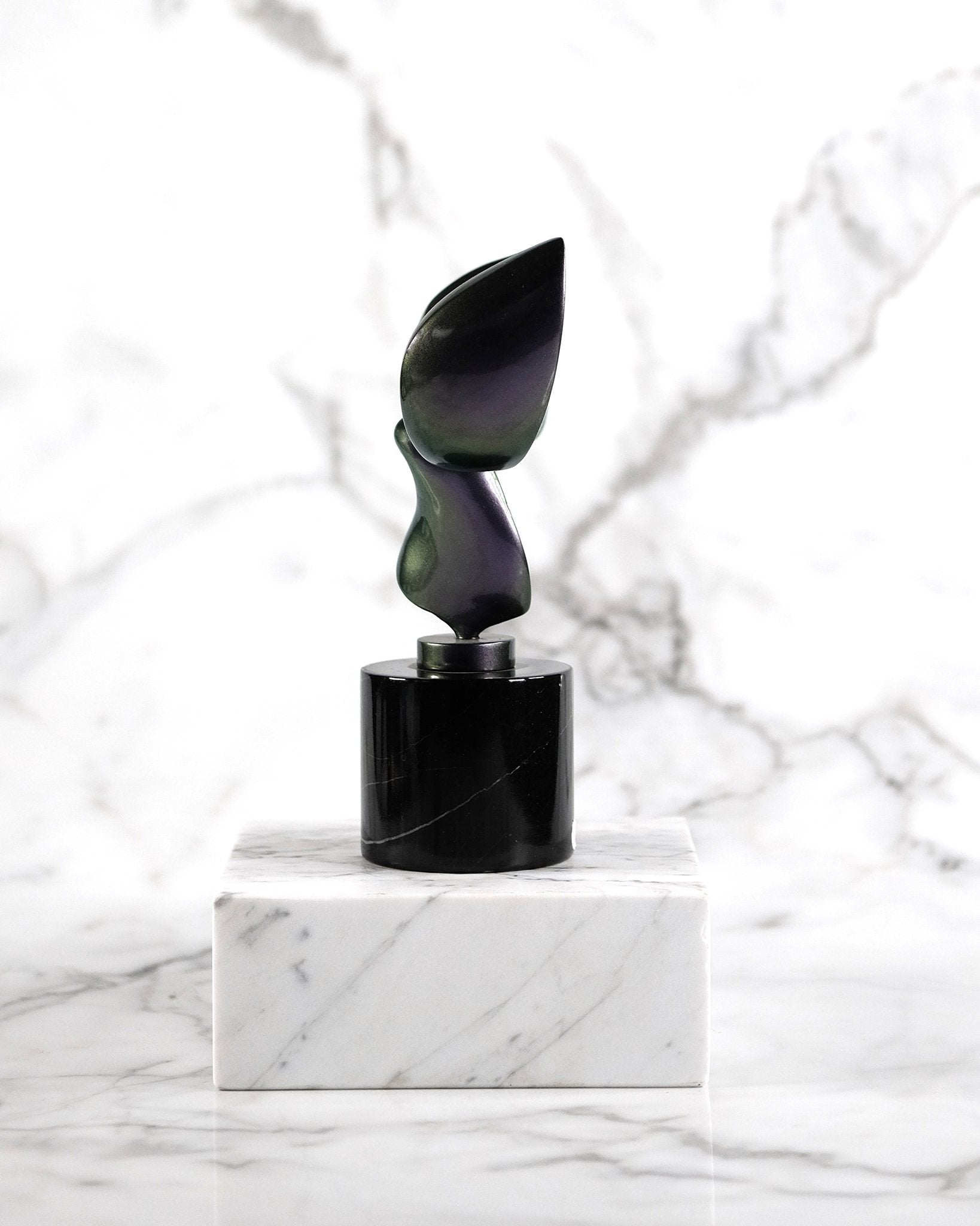 Green-to-Purple Holographic Lacquered Aluminum Sculpture on Marble Base (1)