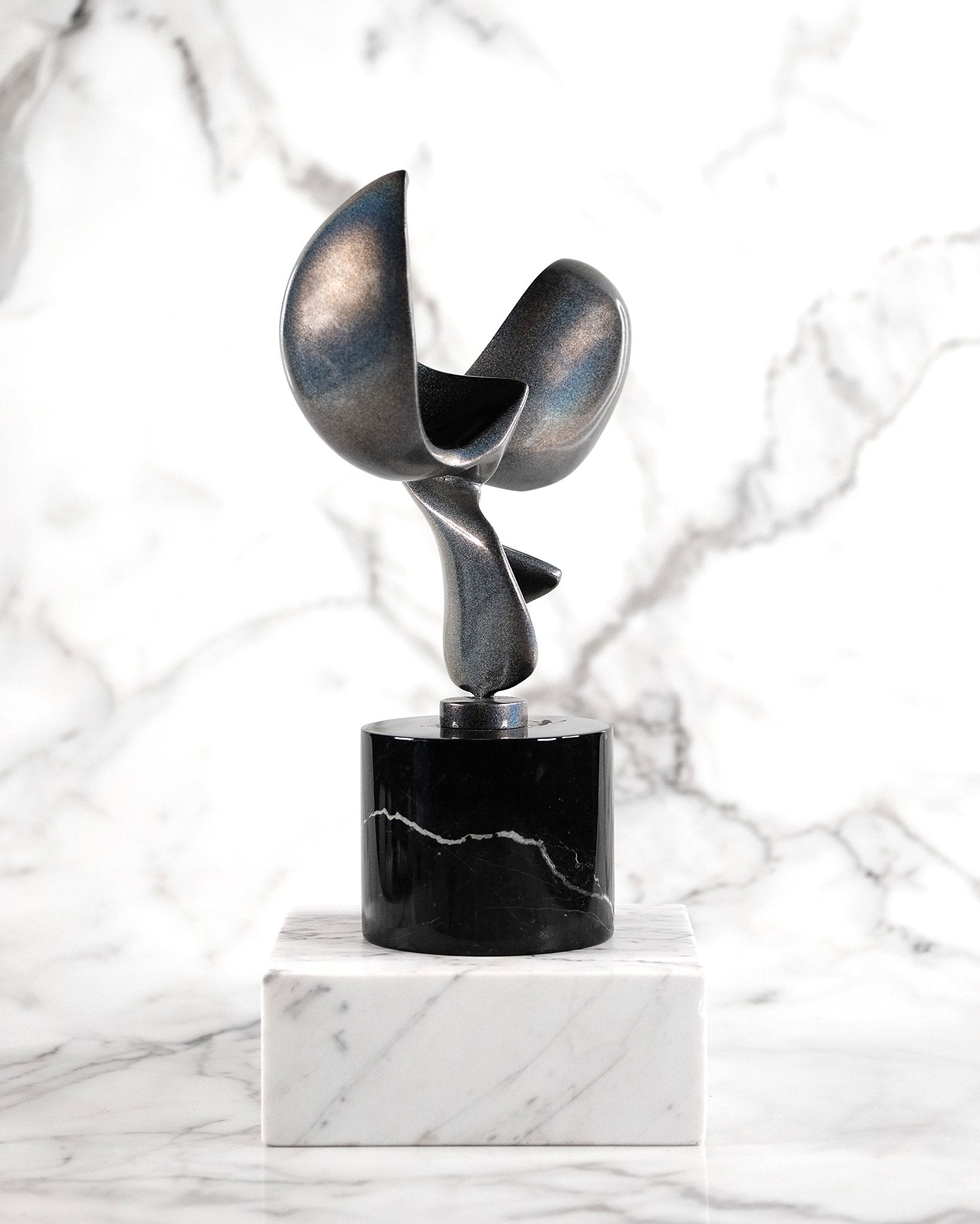 Rainbow-Silver Hollographic Lacquered Aluminum Sculpture on Marble Base