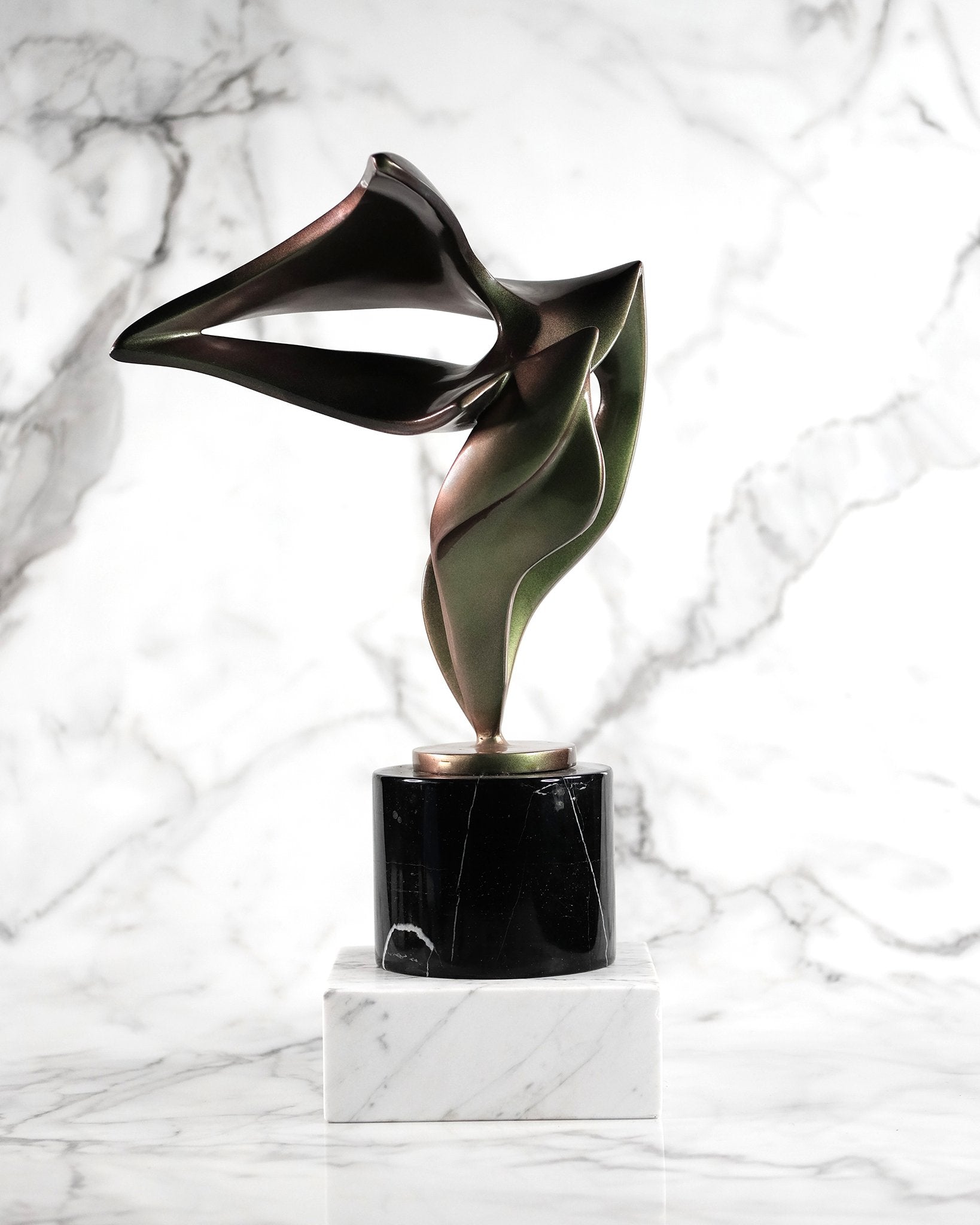 Green-to-Orange Holographic Lacquered Aluminum Sculpture on Marble Base