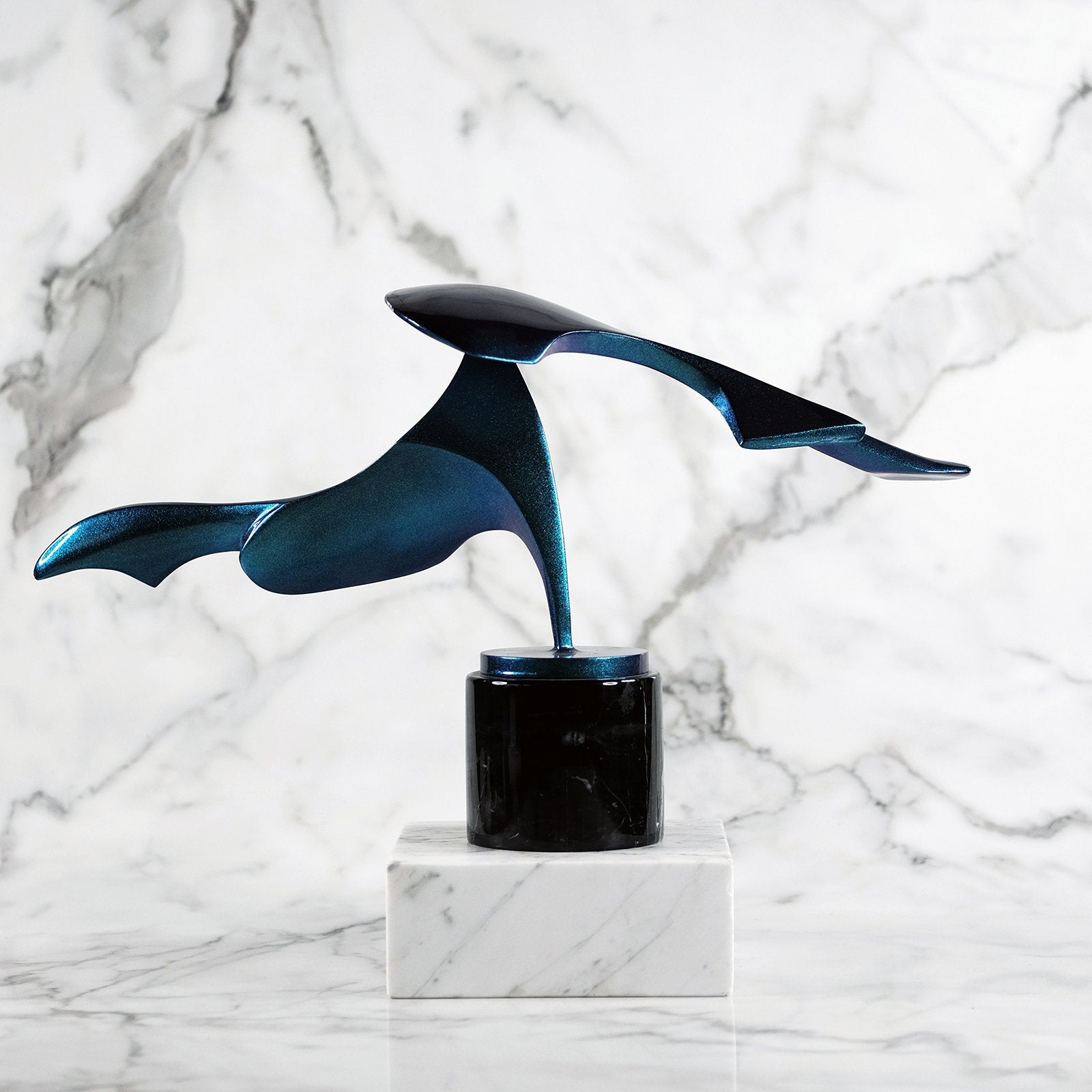 Blue-to-Green Winged Holographic Lacquered Aluminum Sculpture on Marble Base