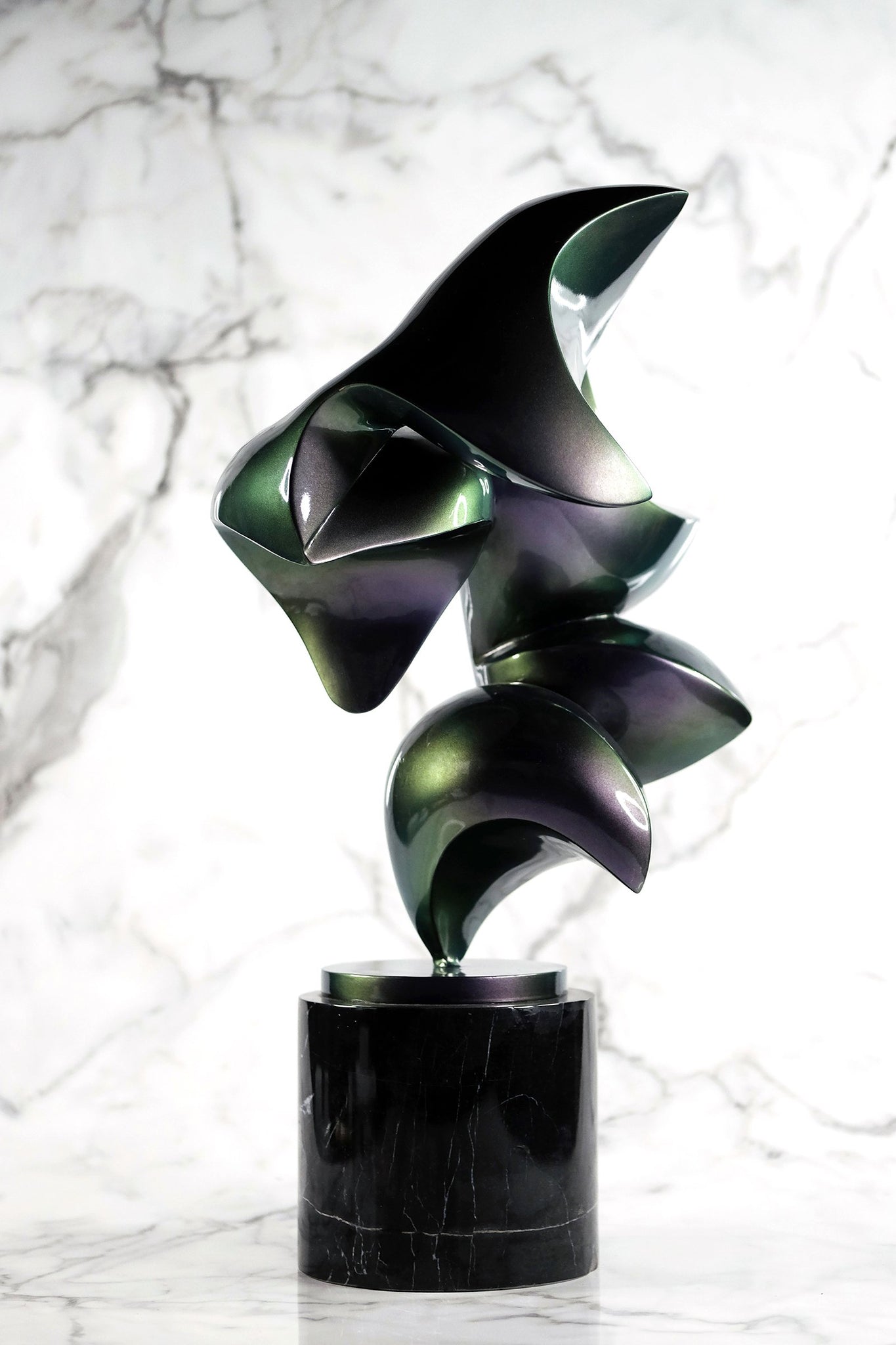 Green-to-Purple Holographic Lacquered Aluminum Sculpture on Marble Base