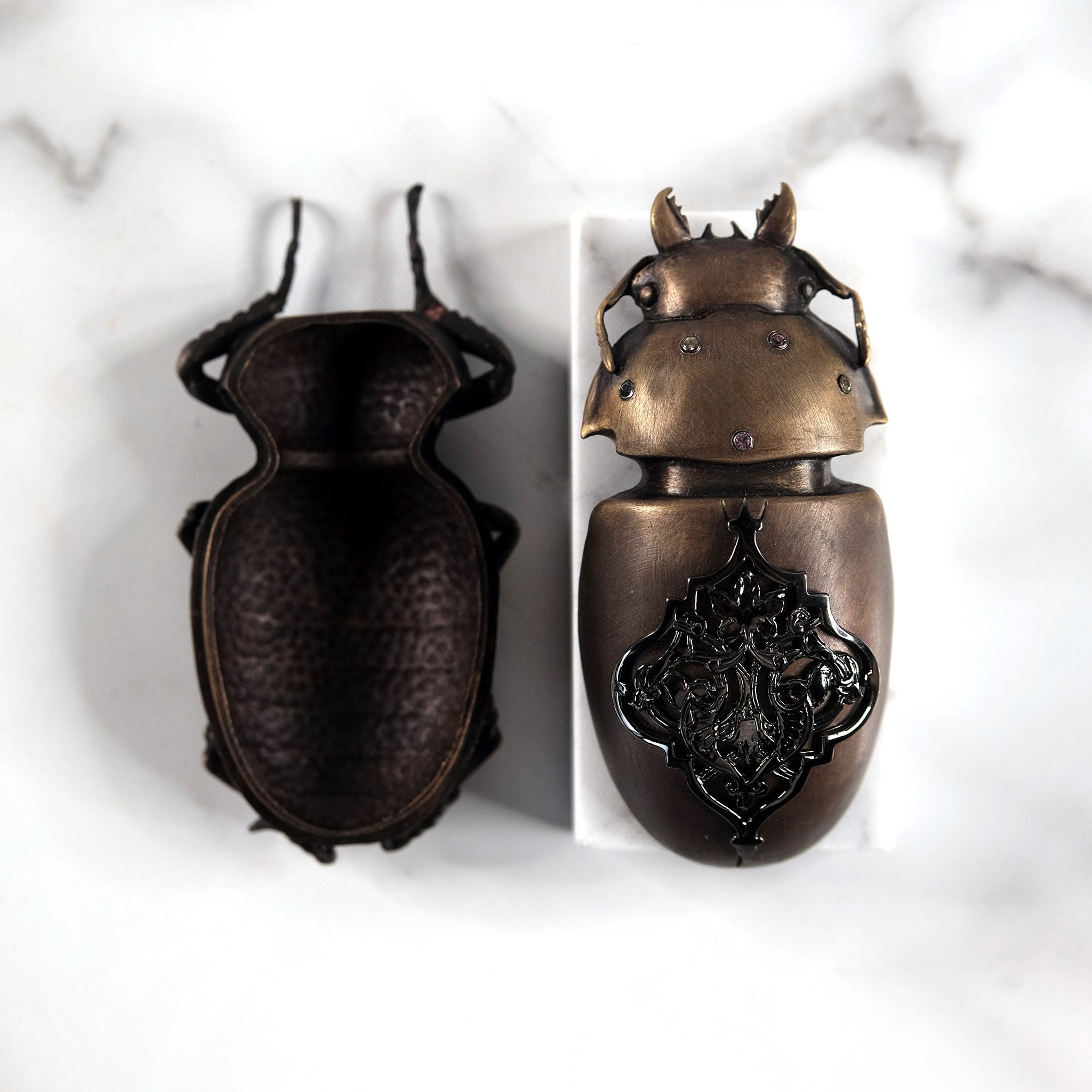 Brown Patinaed Bronze Beetle Box, embellished with Sterling Silver, Enamel & Mixed Sapphires