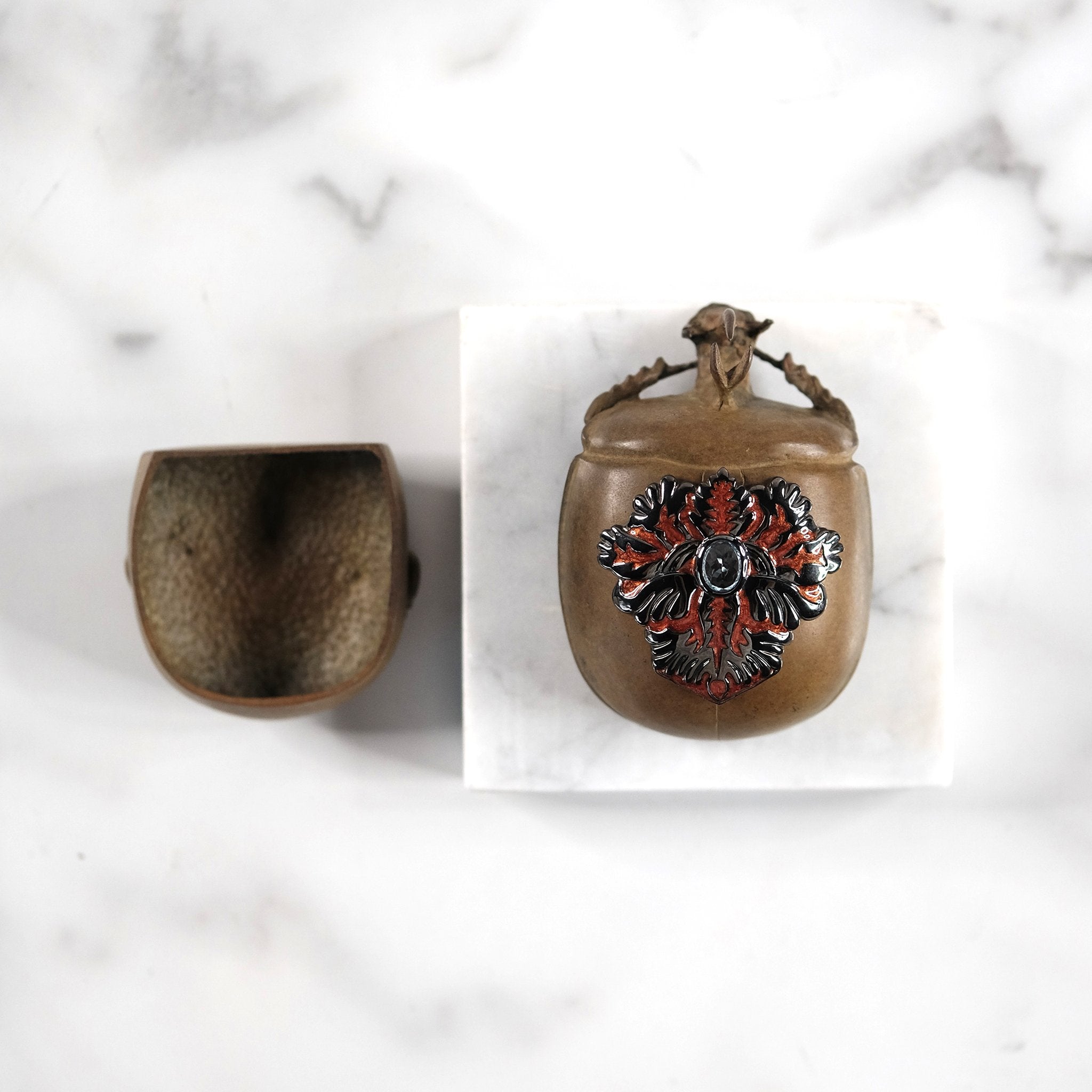 Leather-Brown Patinaed Beetle Box, embelished with Sterling Silver, Burnt Orange Enamel & Blue Topaz