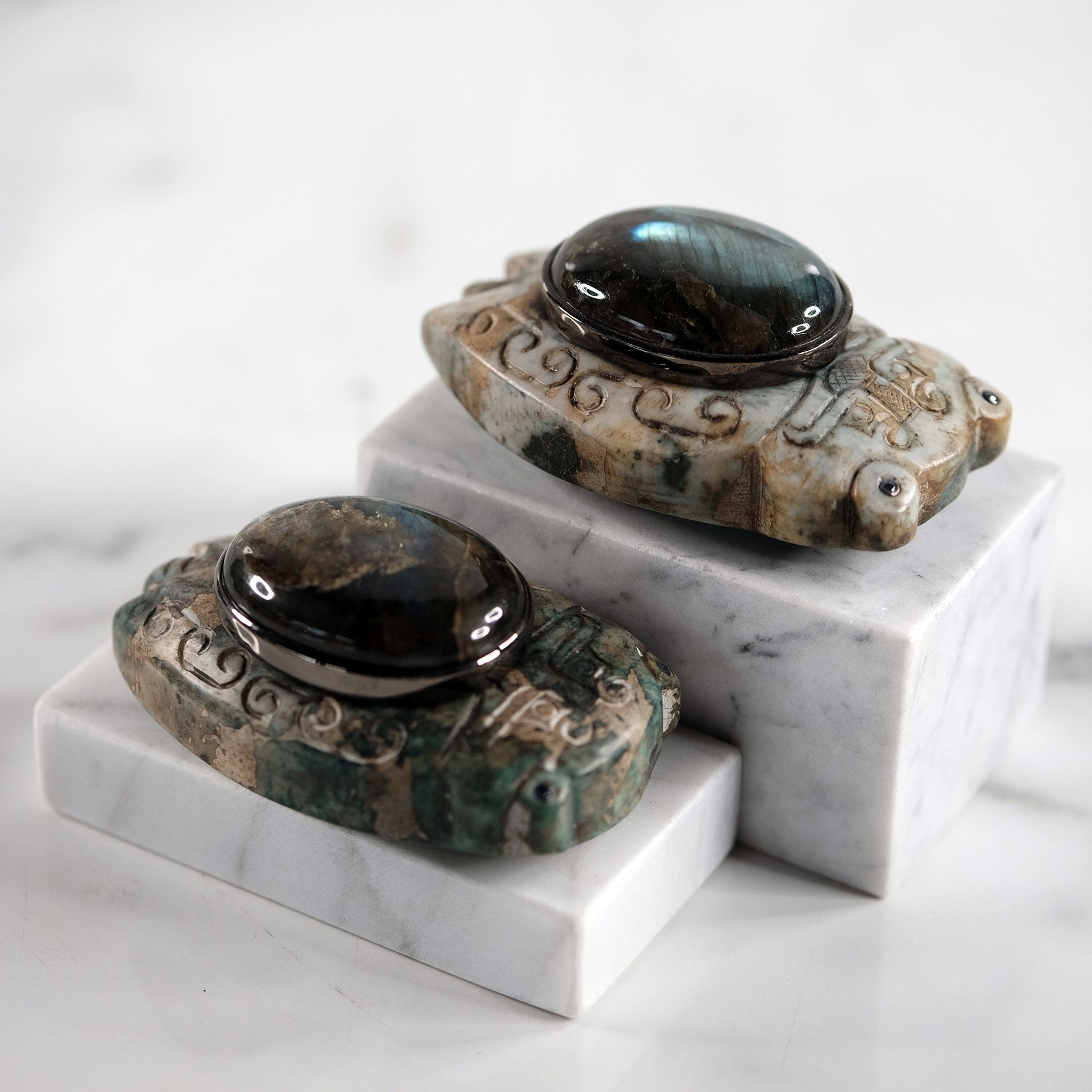 Two Carved Softstone Beetles, adorned with Labadorite (Sold Separately)