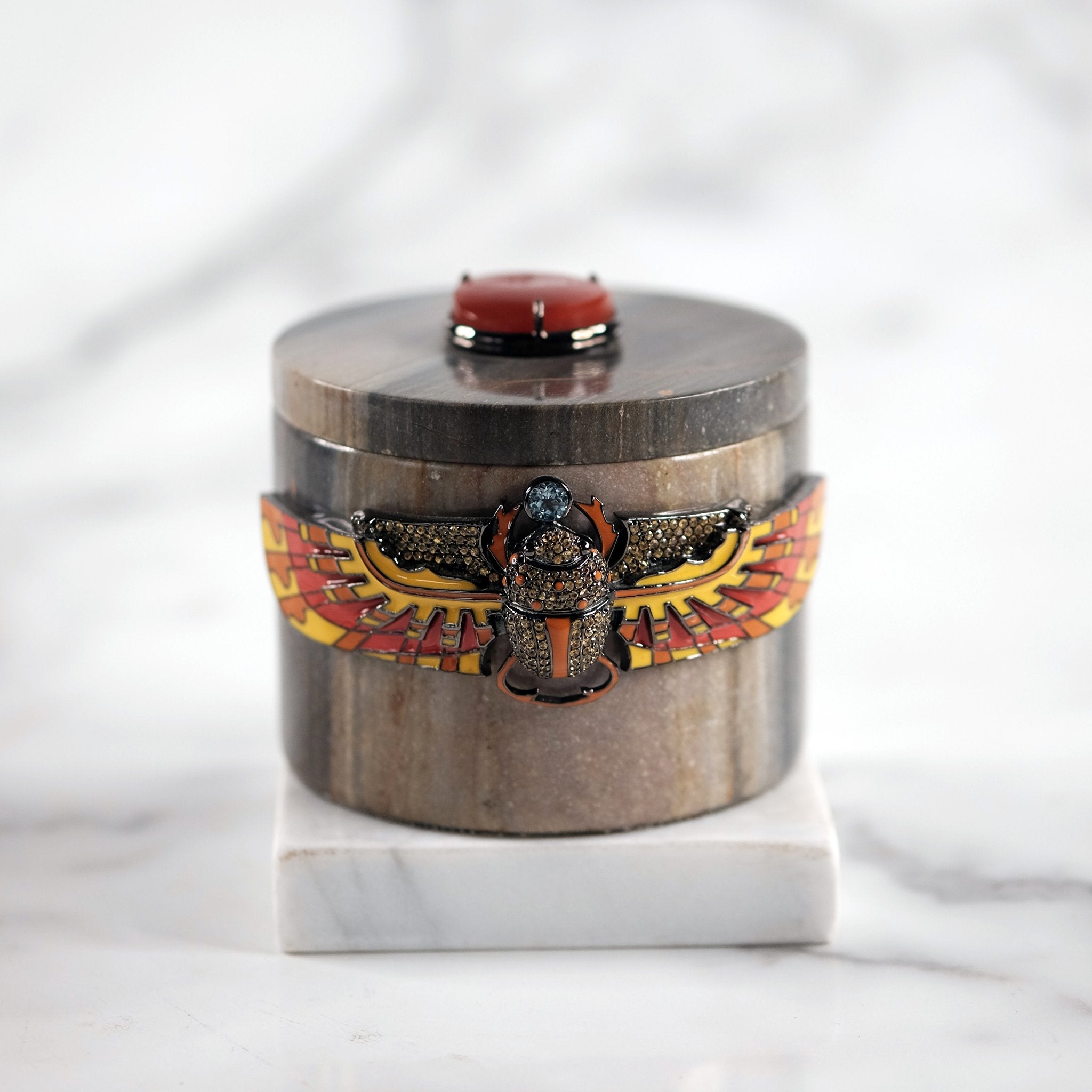 Turned Jasper Box, with Winged Scarab in Red & Yellow Enamel, Mixed Sapphires & Blue Topaz, and a Carneilan Drusy on Lid