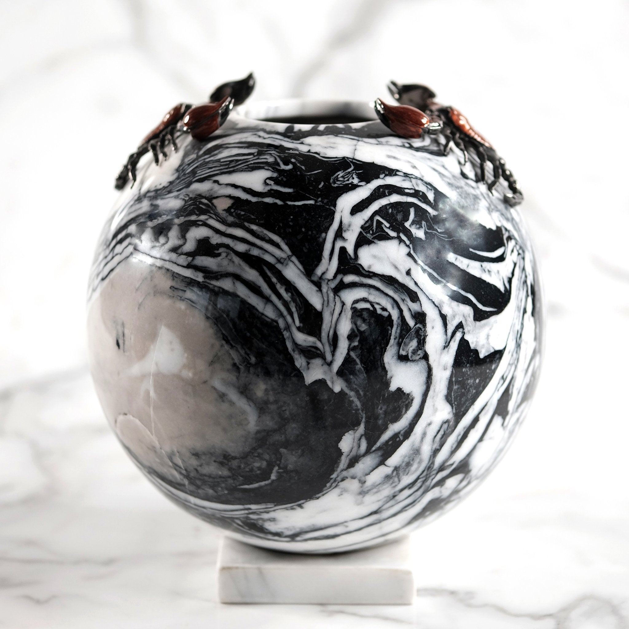 Mottled Black & White Turned Marble Vase, with Two Enameled Scorpions