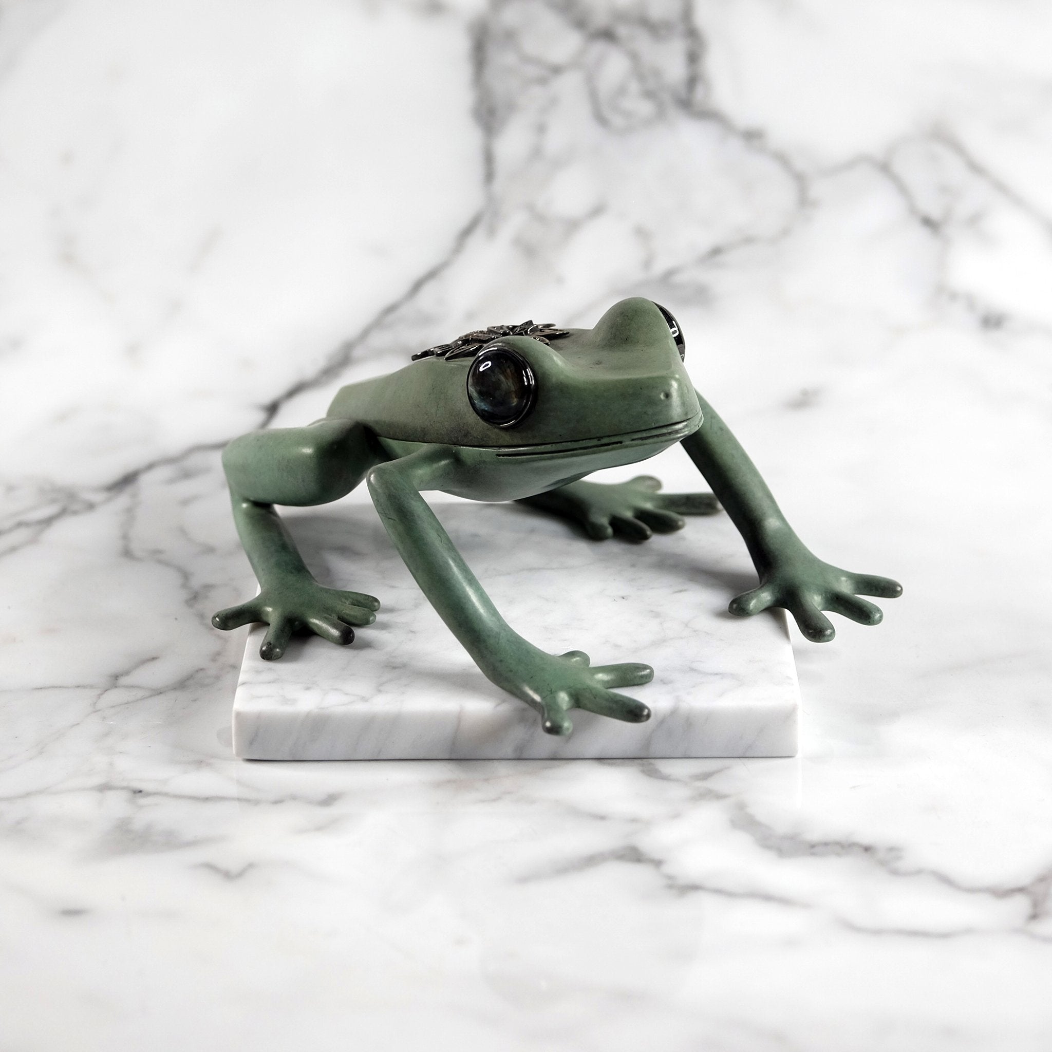 Sage Verdigris Patinaed Frog Sculpture Box, with a Sterling Silver, Enamel & Sapphire Pave Embellishment & Labradorite Eyes
