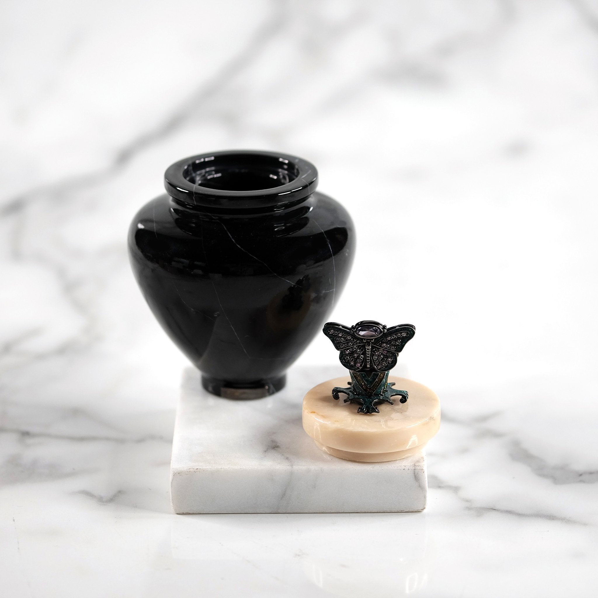Bicolor Turned Black & Cream Marble Jar, with Green Enamel & Sapphire Butterfly on Lid