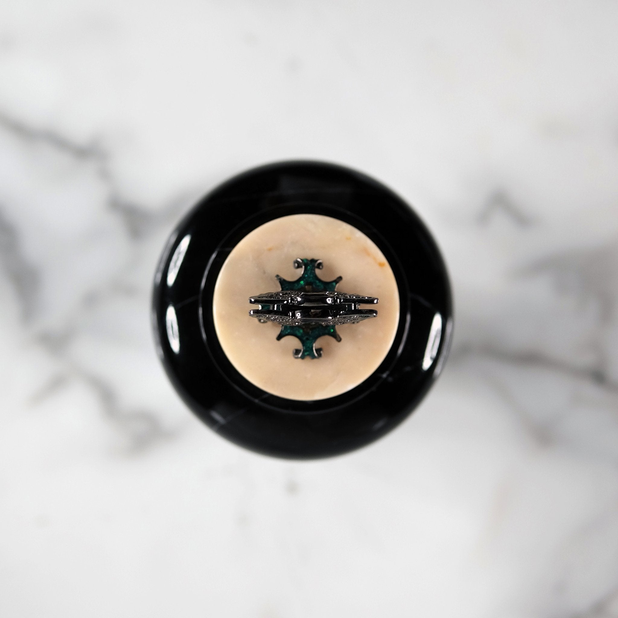 Bicolor Turned Black & Cream Marble Jar, with Green Enamel & Sapphire Butterfly on Lid