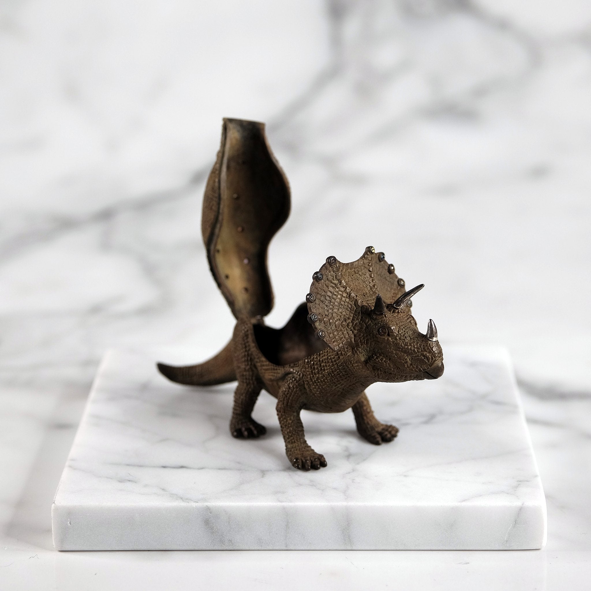 Brown Patinaed Bronze & Sterling Silver Triceratops Box with Mixed Sapphires