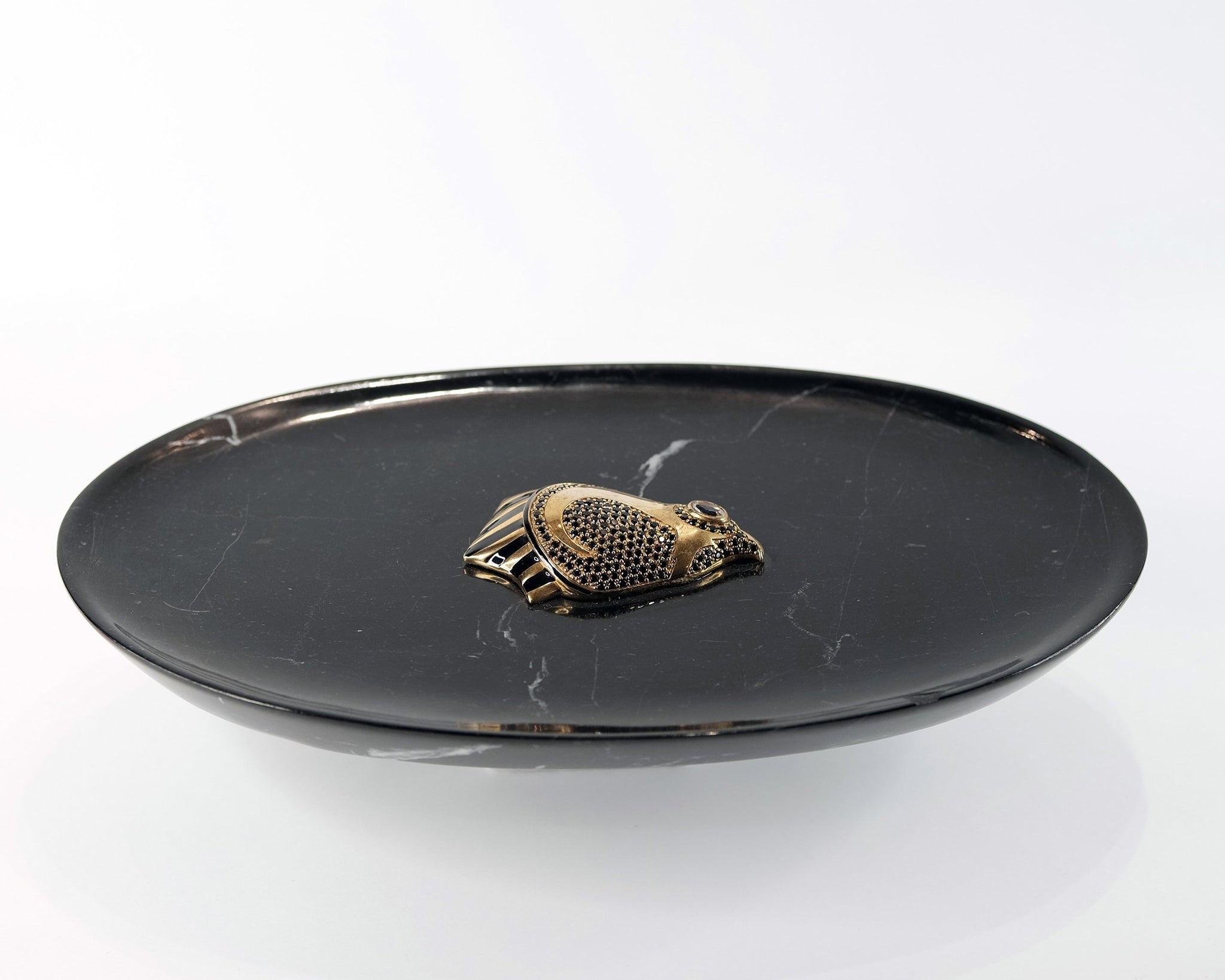 Black Marble Tray with Gold-Gilded Pave Isis in Enamel & Black Spinel