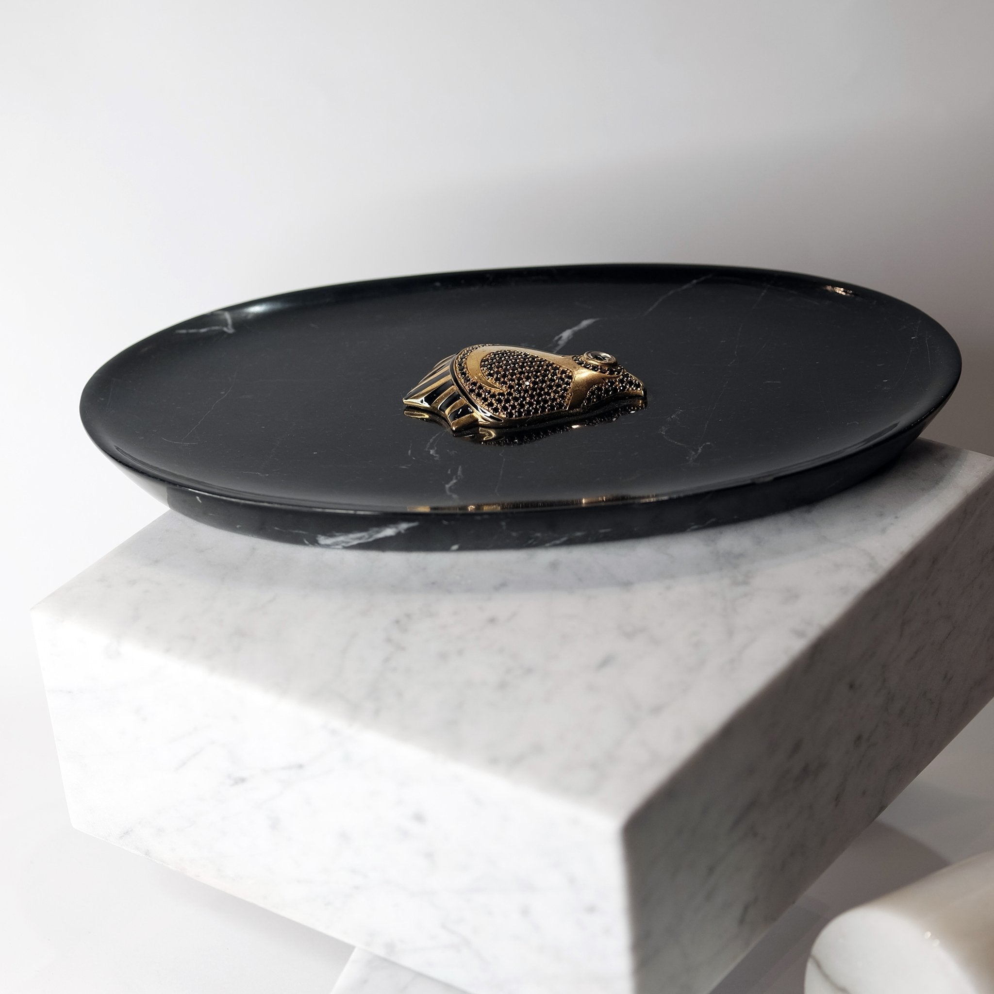 Black Marble Tray with Gold-Gilded Pave Isis in Enamel & Black Spinel