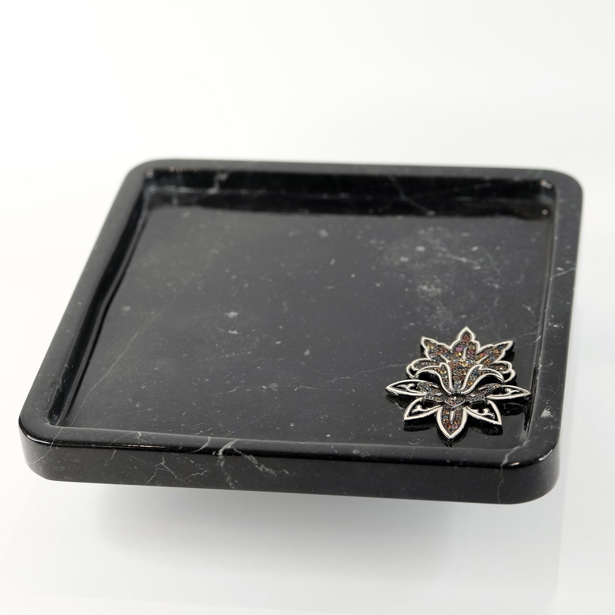 Black Marble Catch-All Tray with Pave Embellishment in Silver, White Enamel & Mixed Sapphires