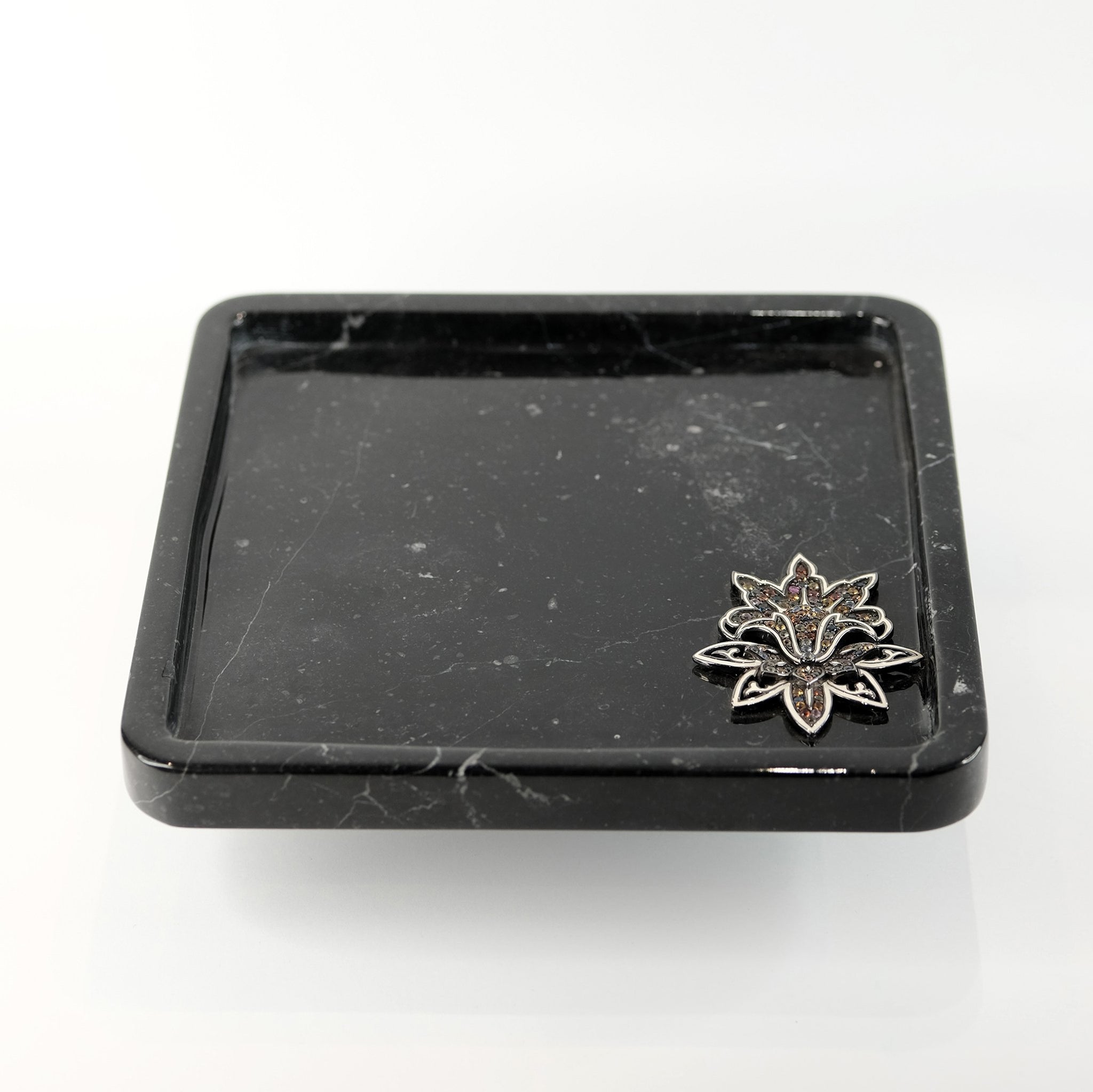 Black Marble Catch-All Tray with Pave Embellishment in Silver, White Enamel & Mixed Sapphires