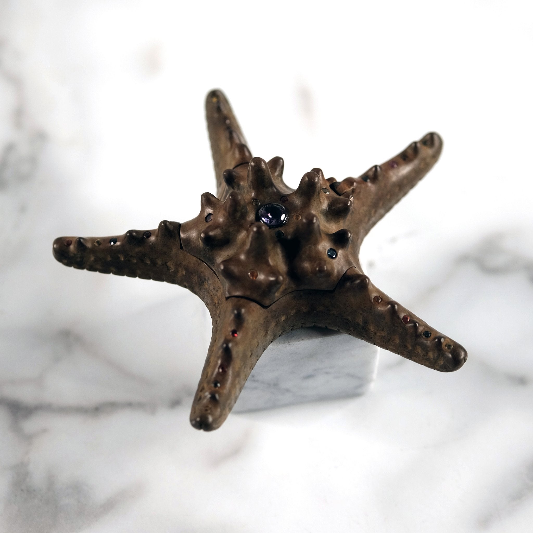Leather-Brown Patinaed Bronze Starfish Box, with Mixed Sapphires & Amethyst
