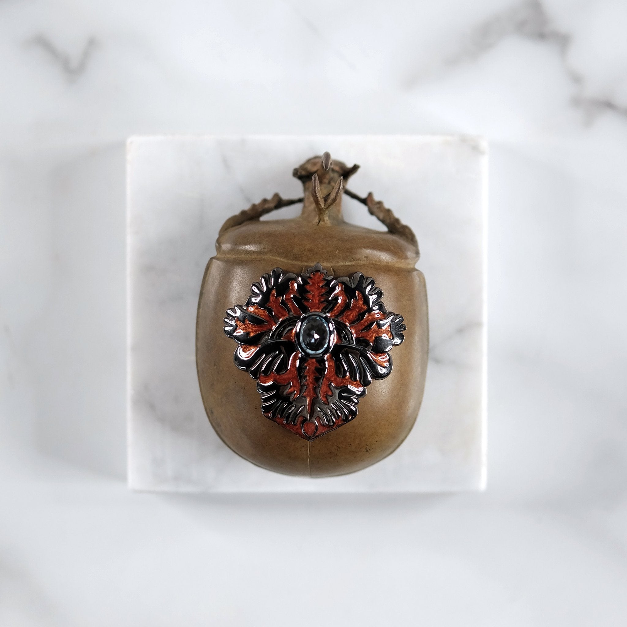 Leather-Brown Patinaed Beetle Box, embelished with Sterling Silver, Burnt Orange Enamel & Blue Topaz