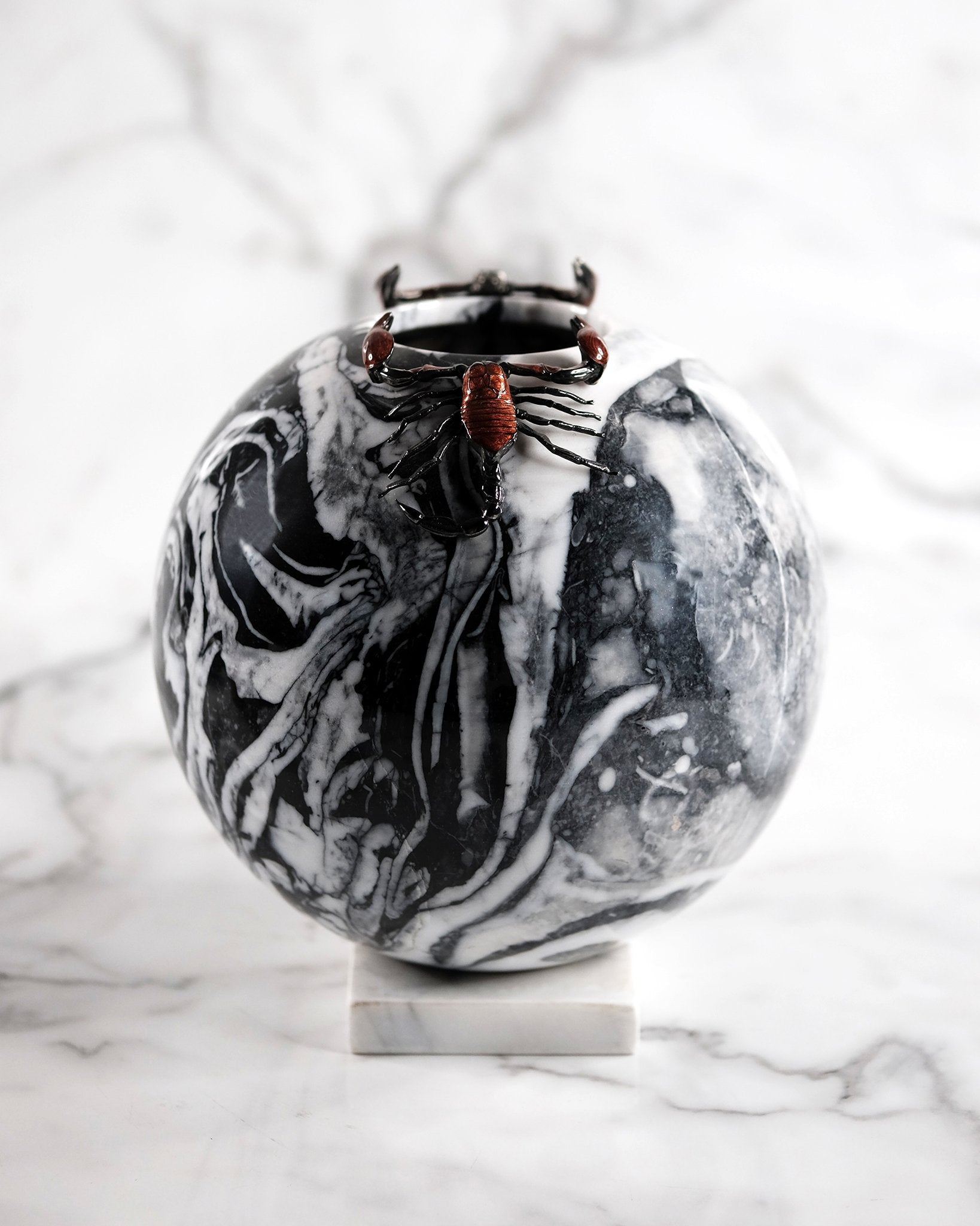 Mottled Black & White Turned Marble Vase, with Two Enameled Scorpions