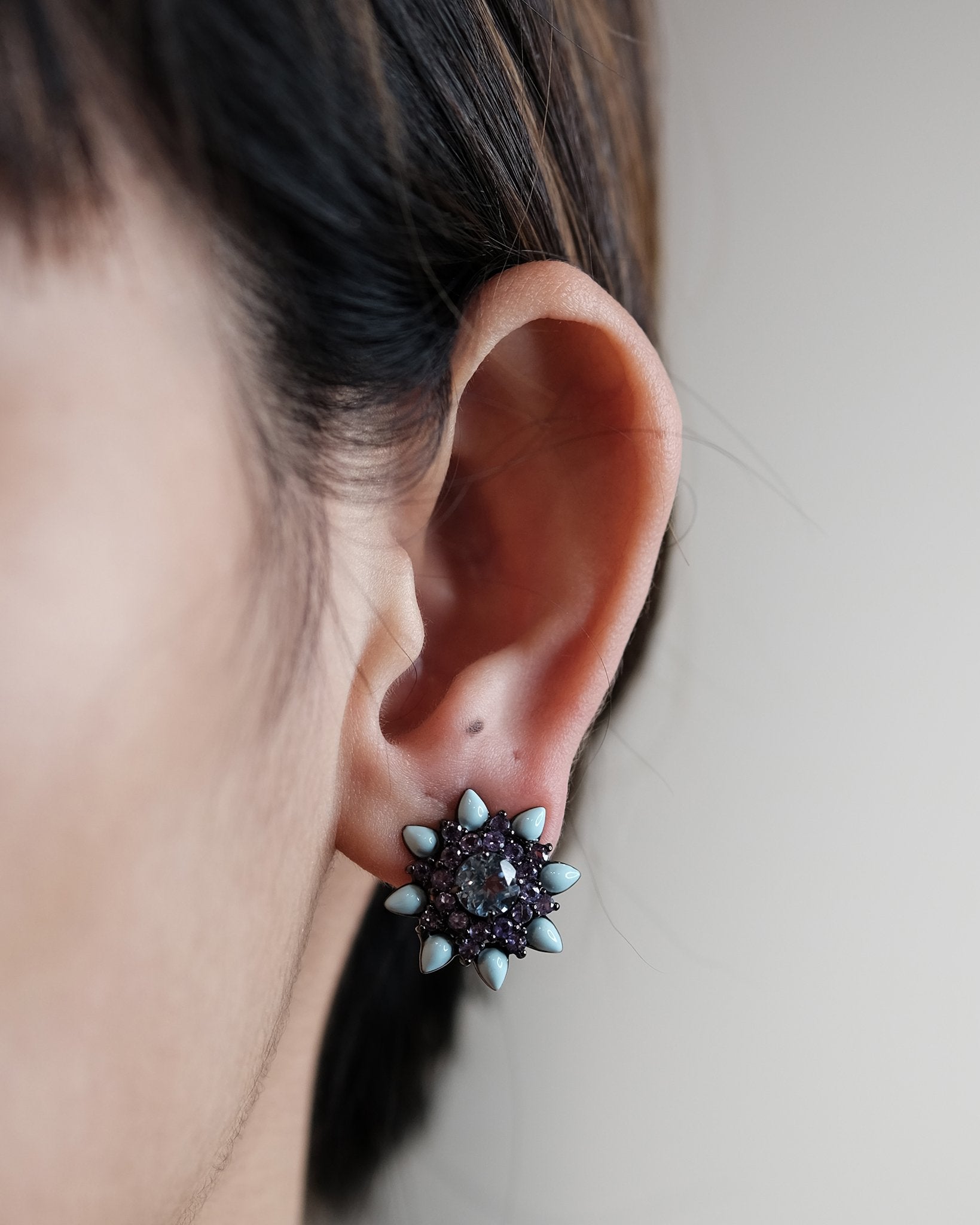Amethyst Flower Earrings with Baby Blue Enamel and Blue Topaz