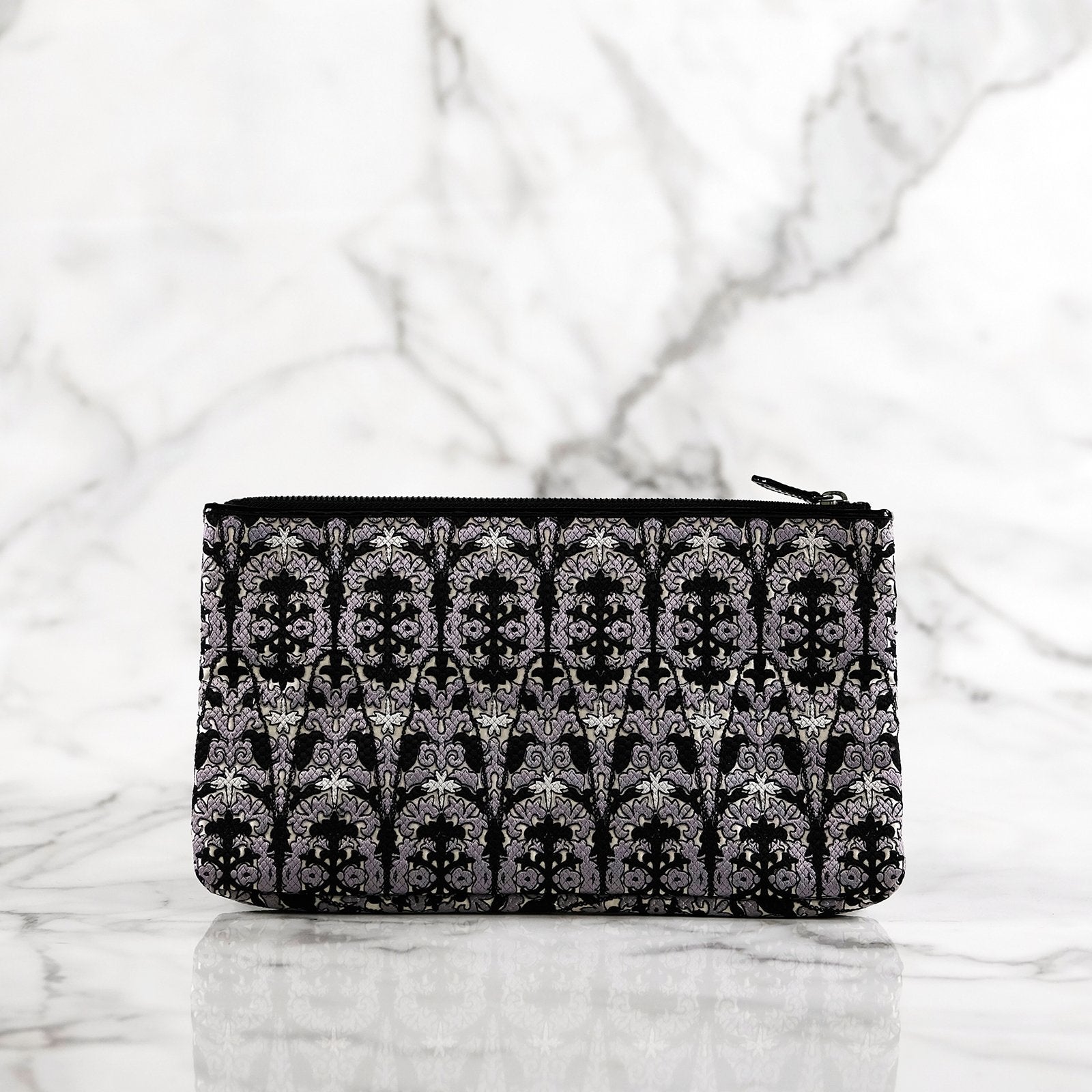 Elsie monochrome fractal patterned and embroidered silver handbag