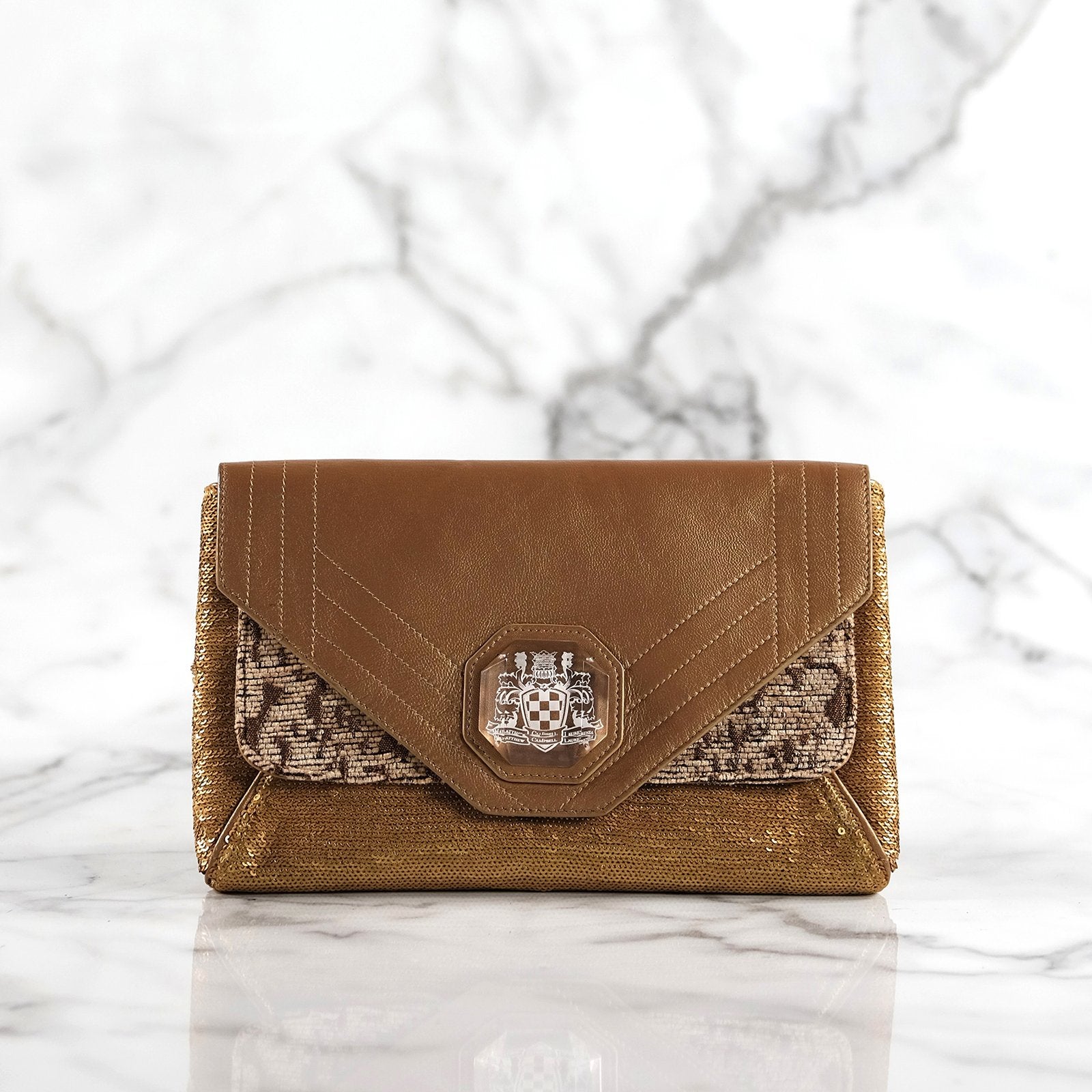 Phoebe tan leather and sequin handbag with desert camo embroidery