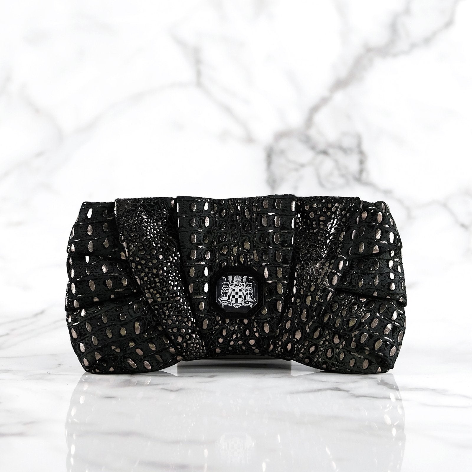 Celest black and embossed silver croco patterned suede handbag