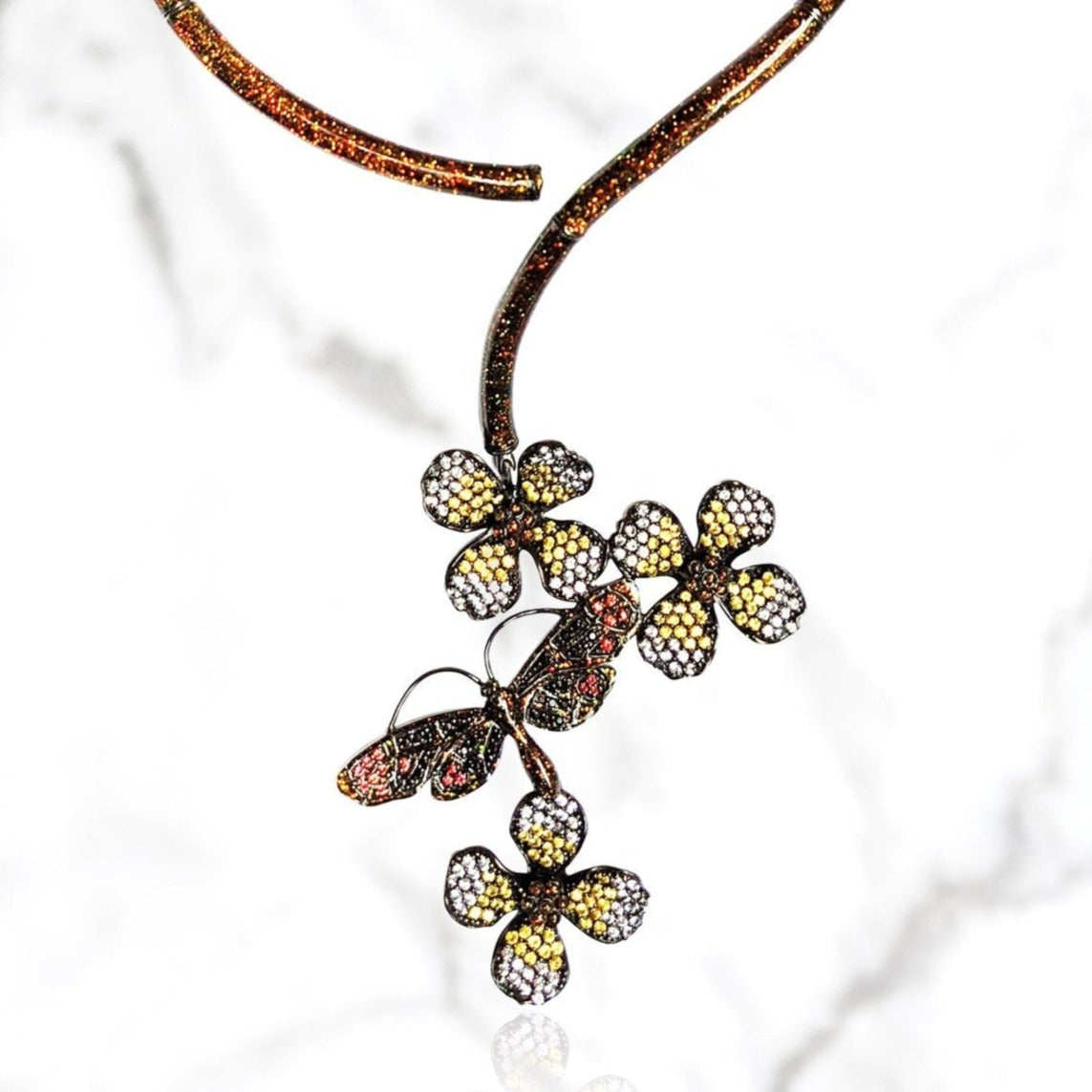MCL Design flower and moth sculpture necklace