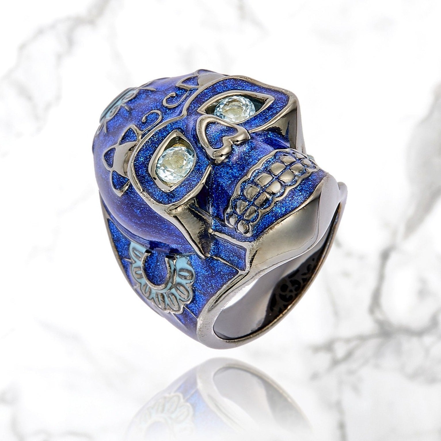 Dia De Los Muertos Skull Statement Ring in Silver with Blue Enamels and Blue Topaz