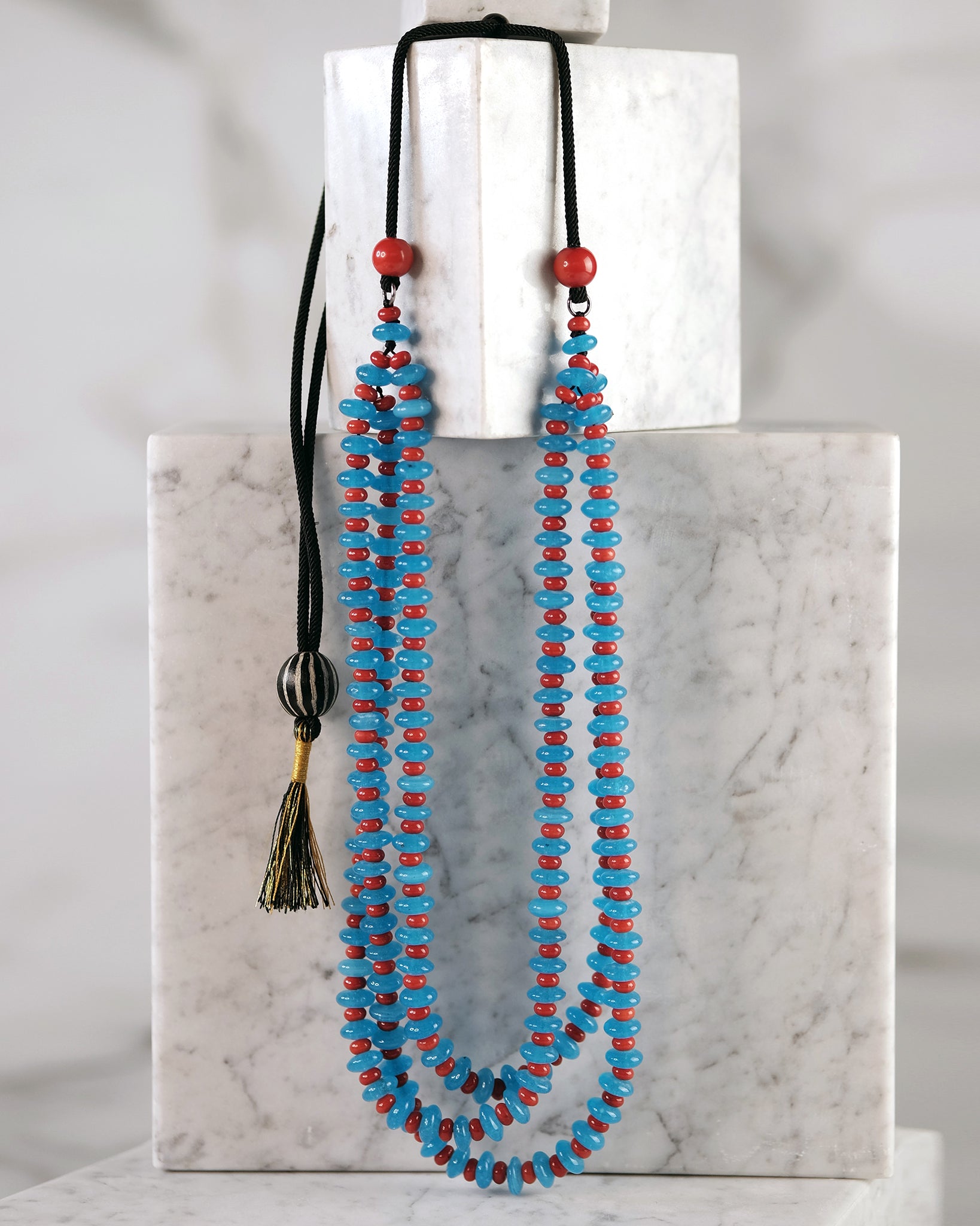 Blue Vintage Trade Bead and Coral Necklace