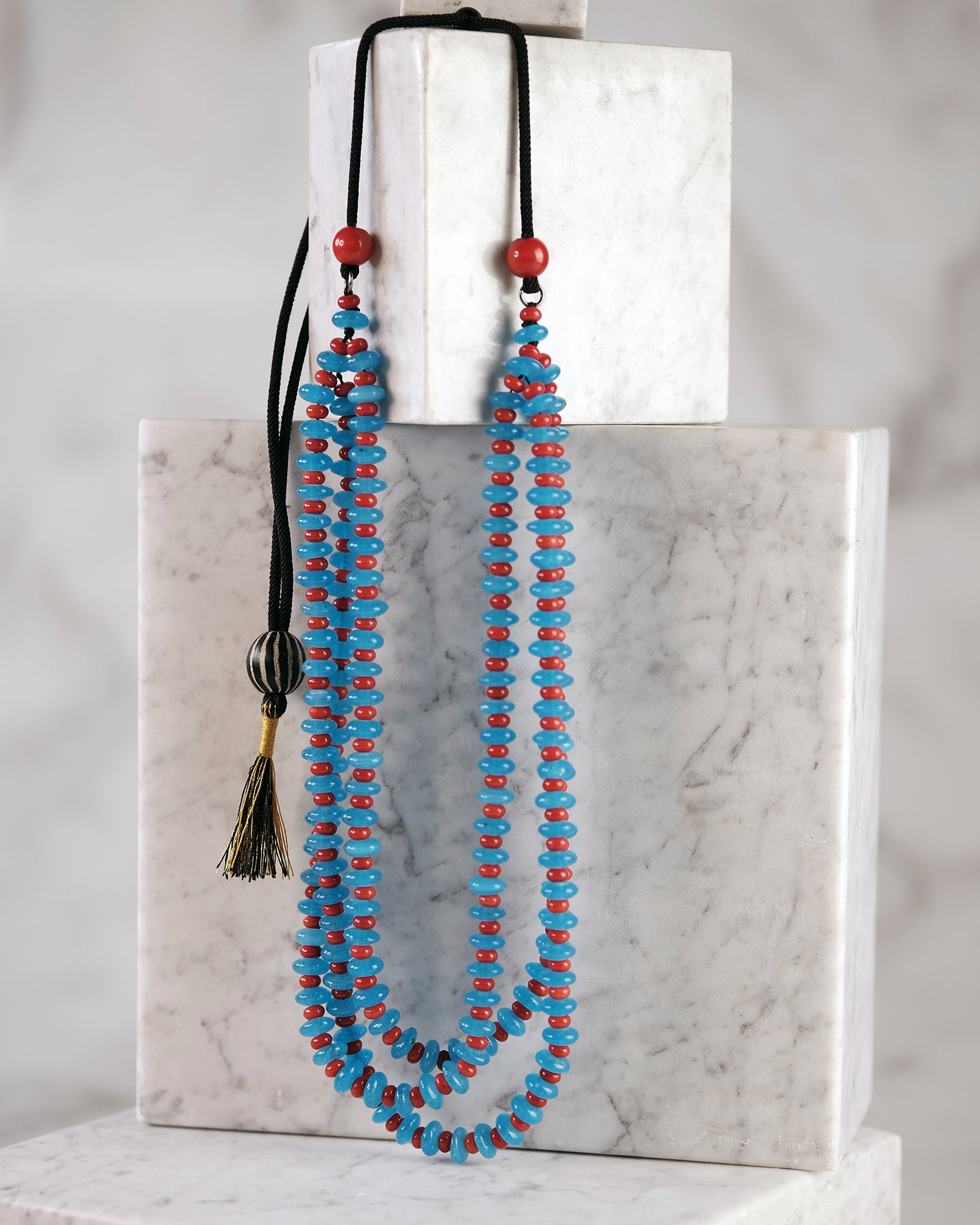 Blue Vintage Trade Bead and Coral Necklace