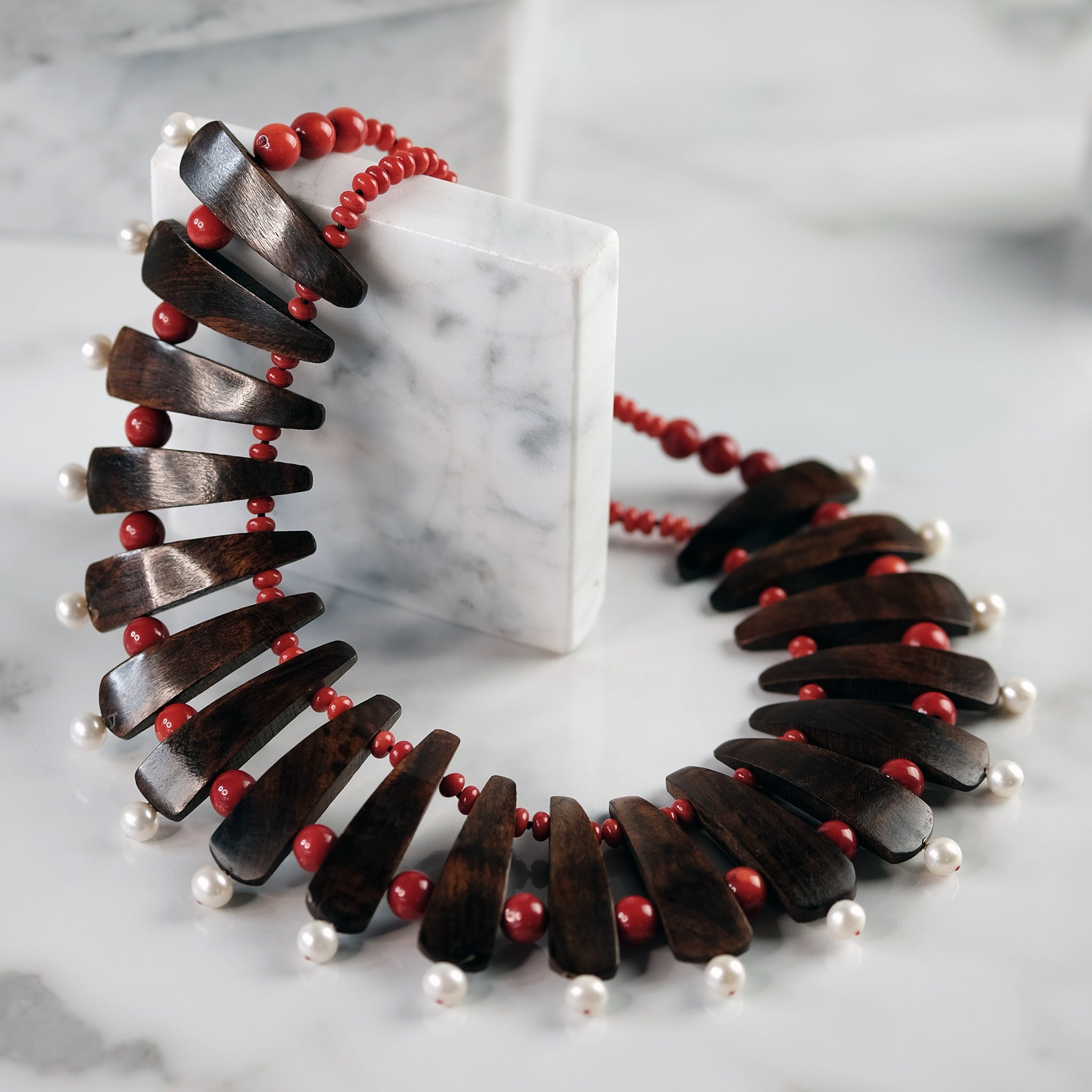 Rosewood, Red Coral and White Pearl Necklace