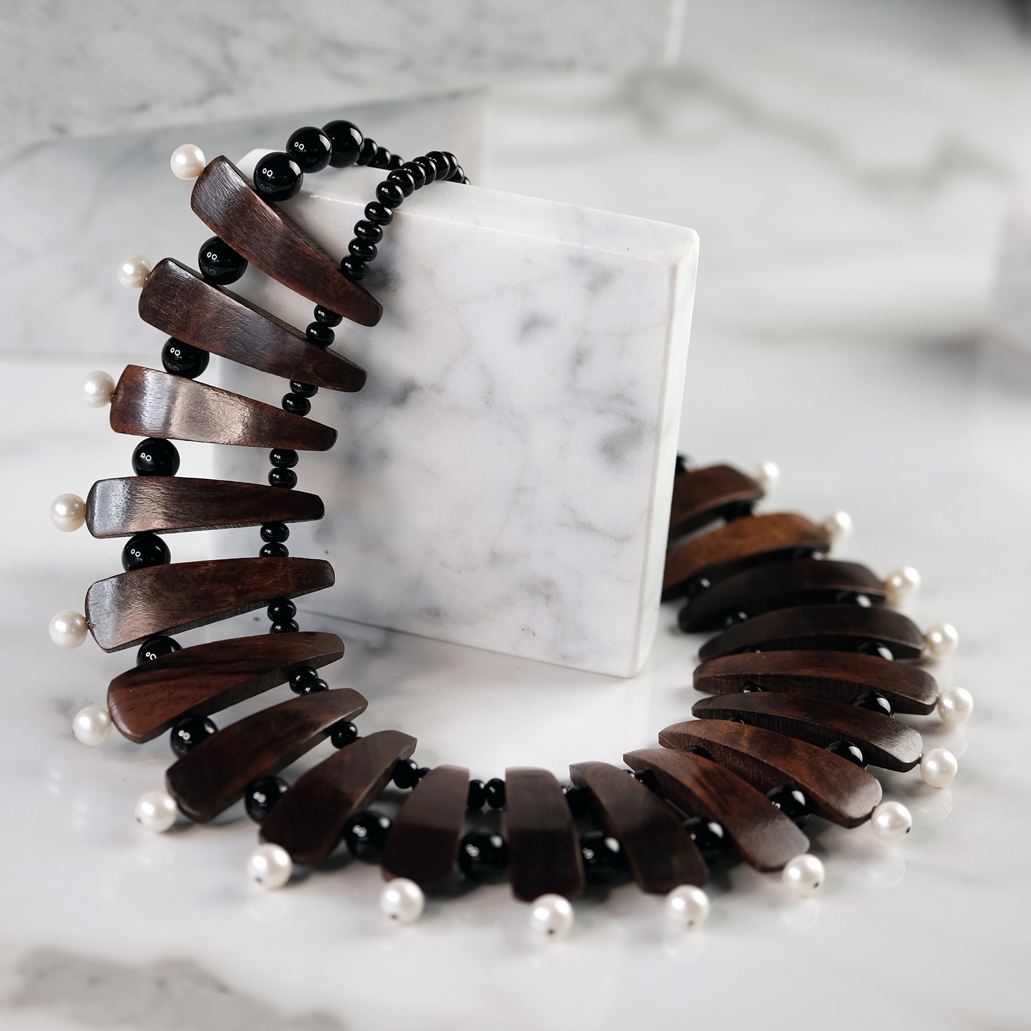 Rosewood, Black Onyx and White Pearl Necklace