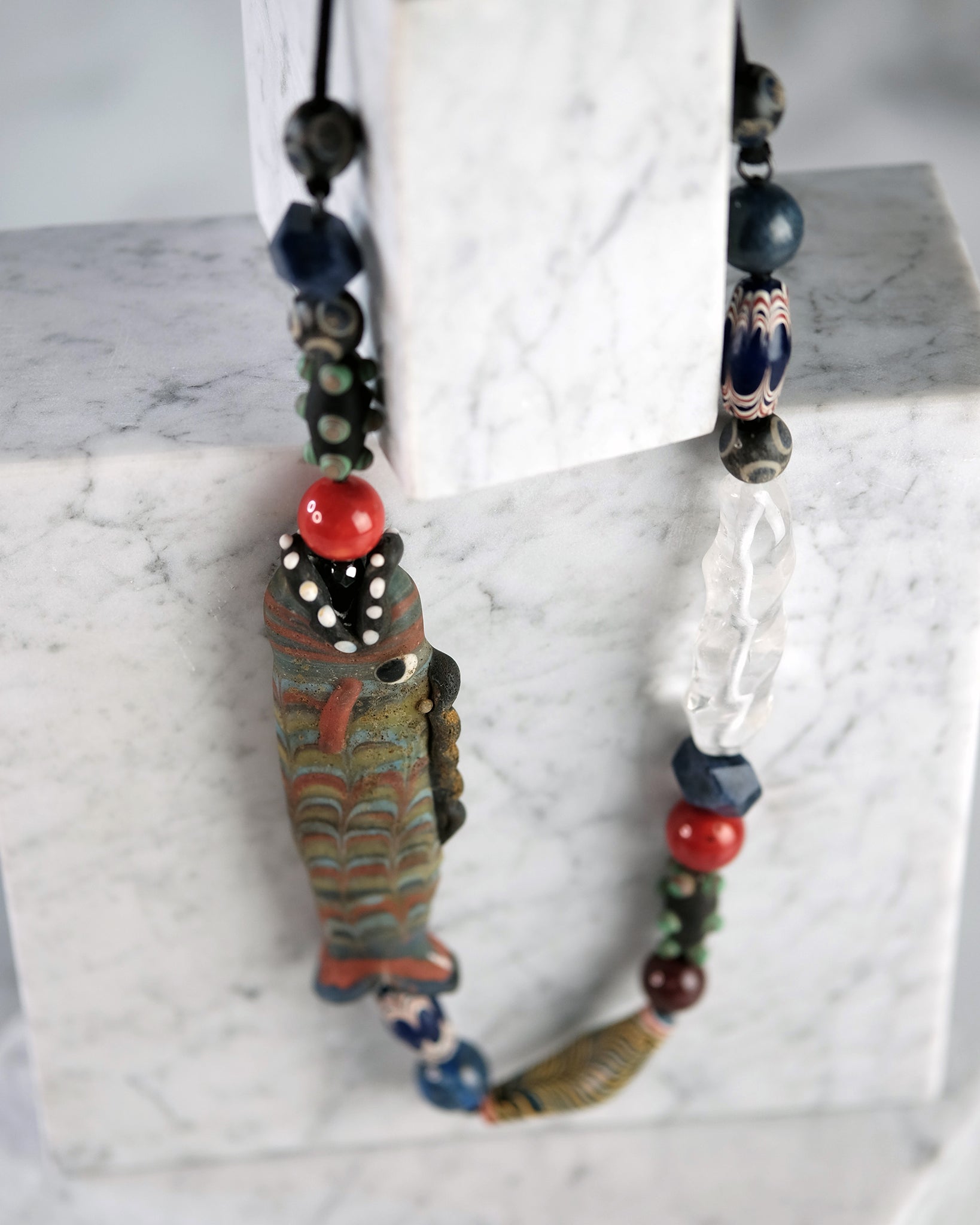 Vintage Glass Trade Beads with Quartz, Lapis and Coral Accents
