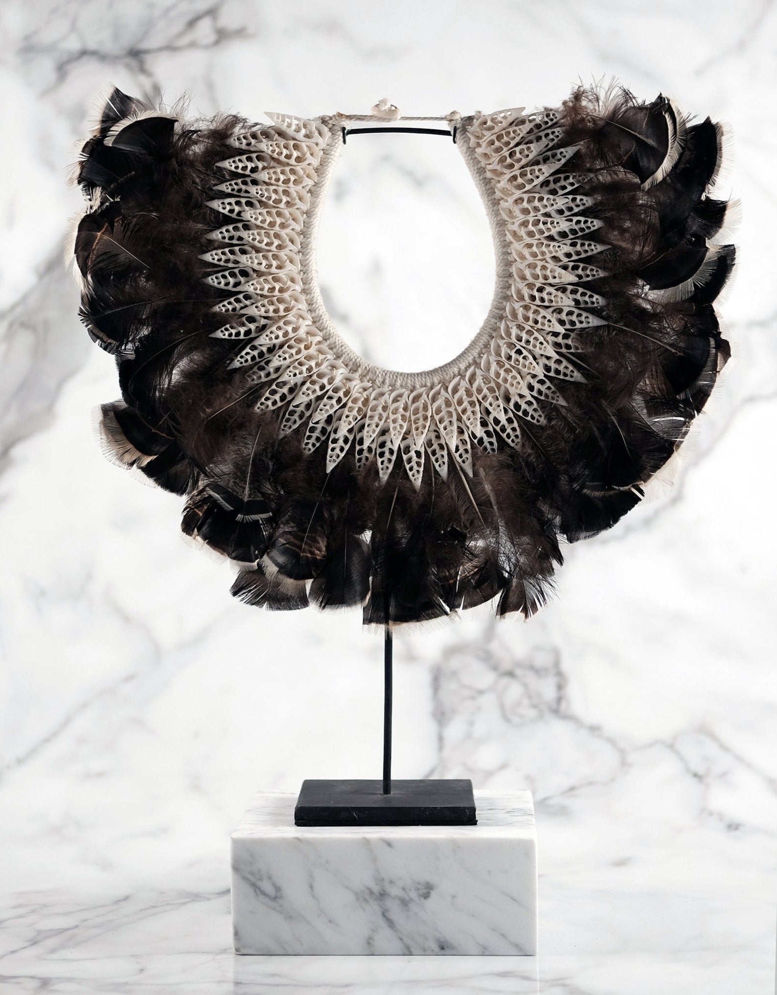 Balinese ceremonial shell and feather necklace