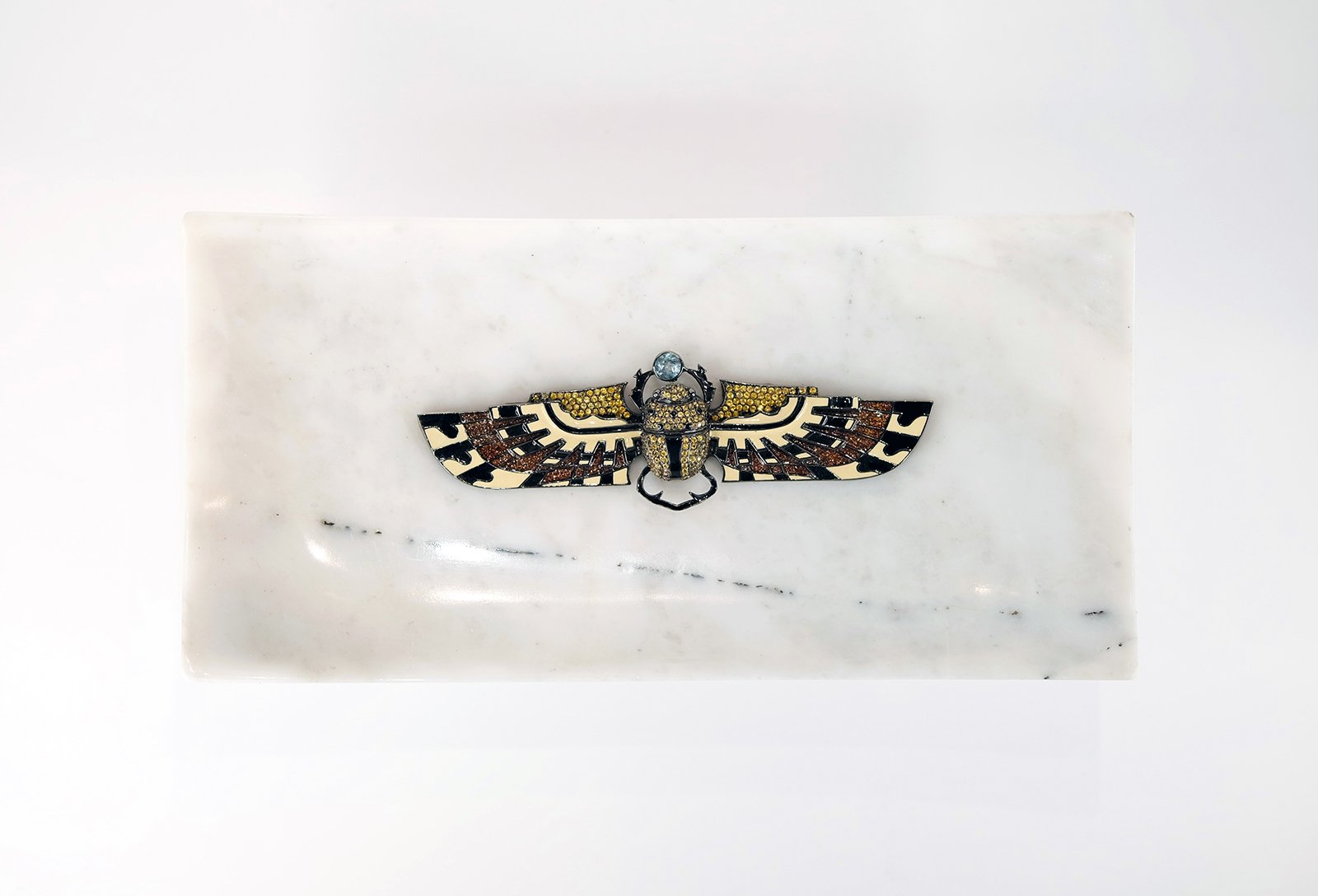 White Marble Tray with Winged Pave Scarab in Enamel, Blue Topaz & Yellow Sapphires